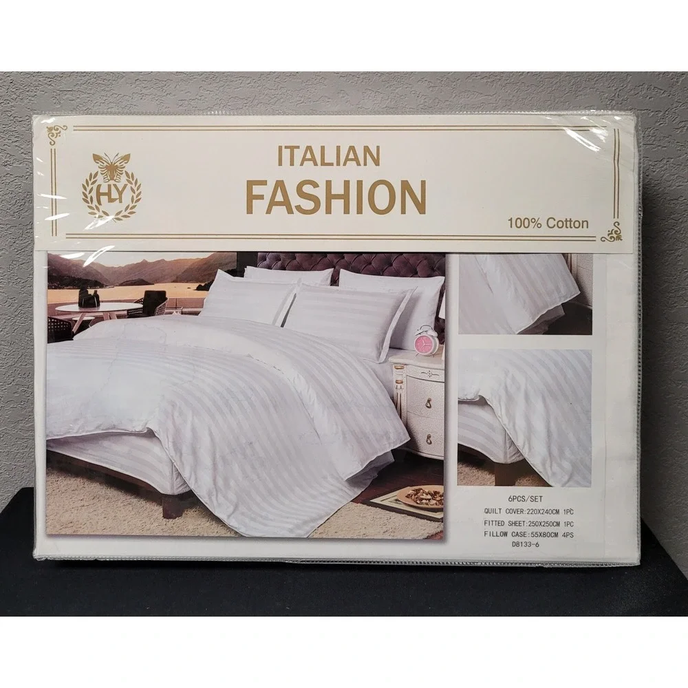 Italian Fashion Queen Size Duvet Cover Set 6 Pcs Design #D8133-6 White